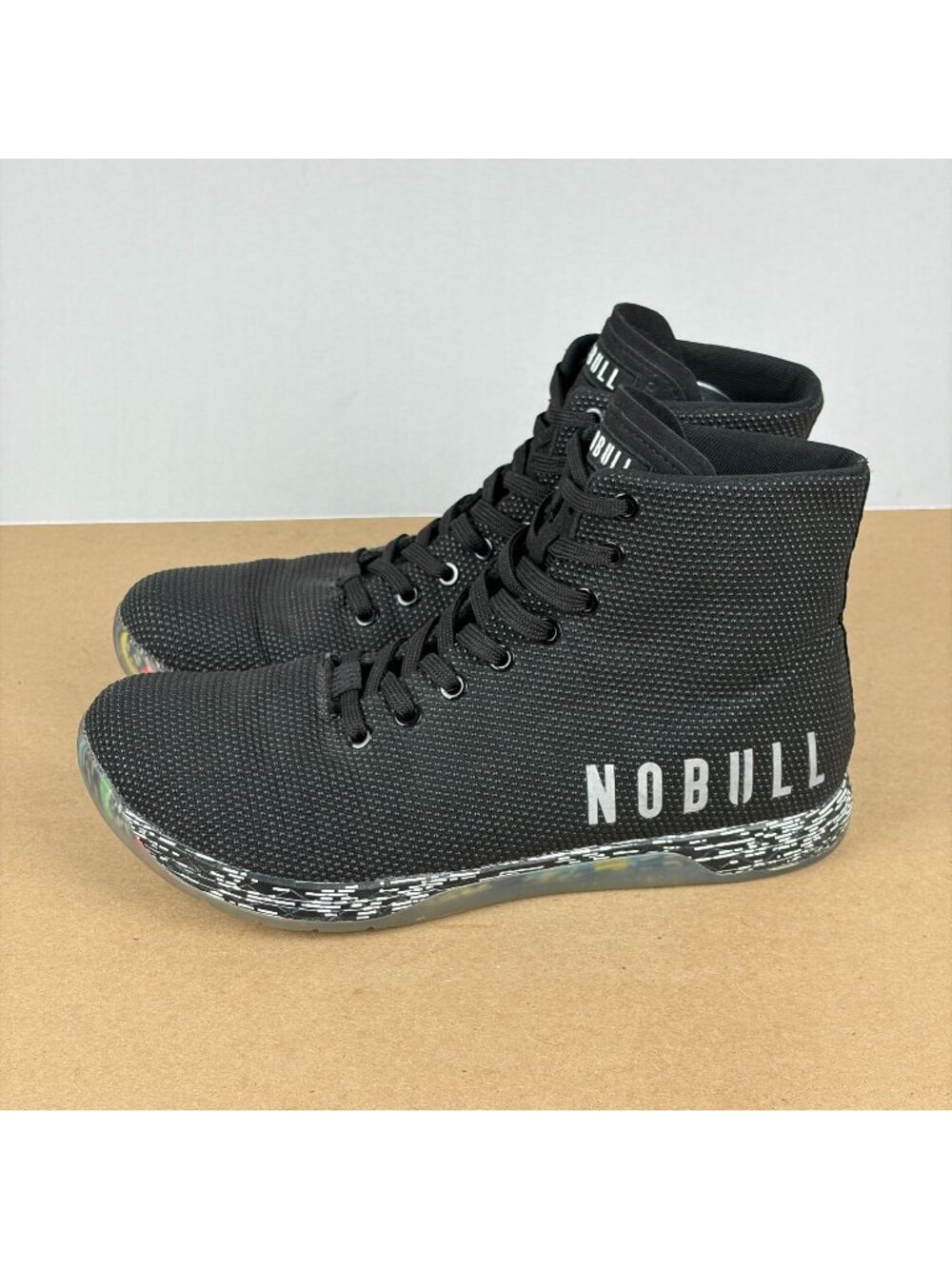 NoBull Outwork High Top Trainers Mens 9.5 Womens 11 Black White Print Sole